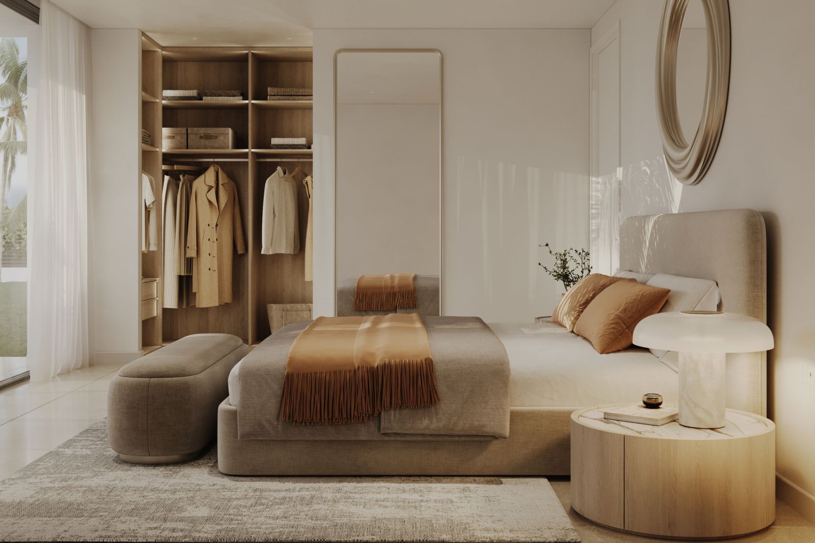 Nowoczesna sypialnia z garderobą i neutralną paletą kolorów.