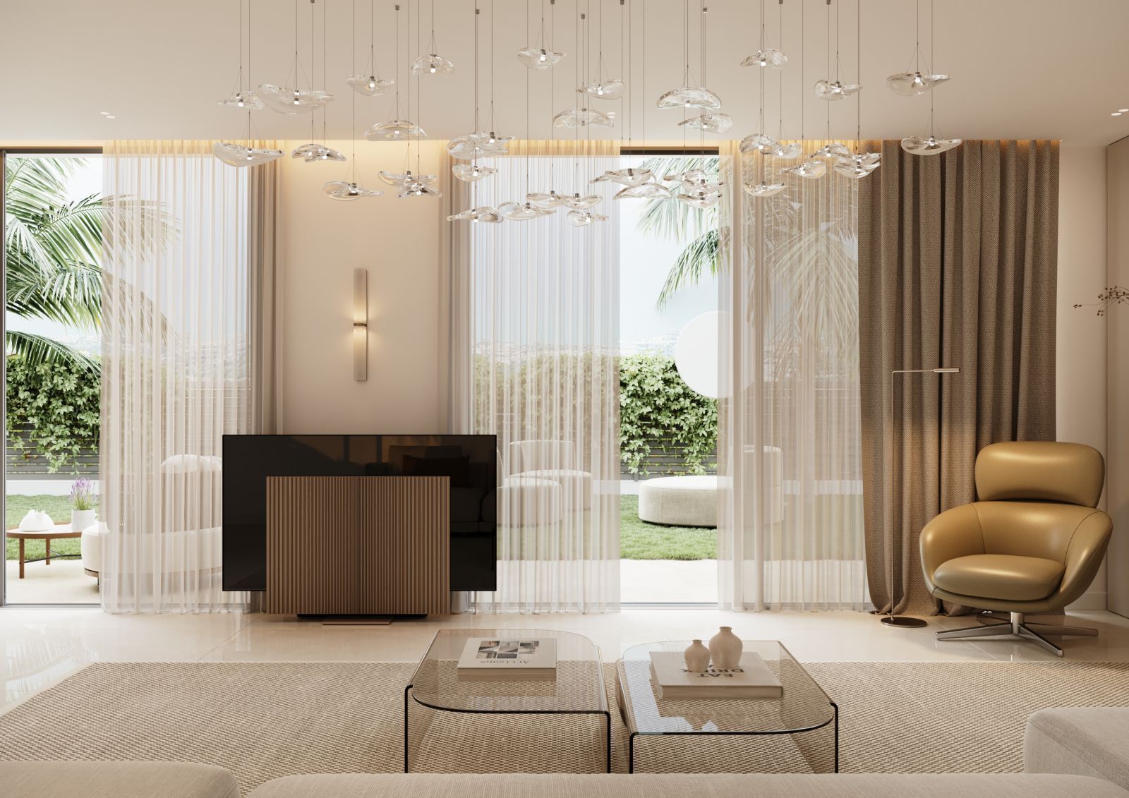 Elegancki salon z widokiem na ogród i designerską oprawą oświetleniową