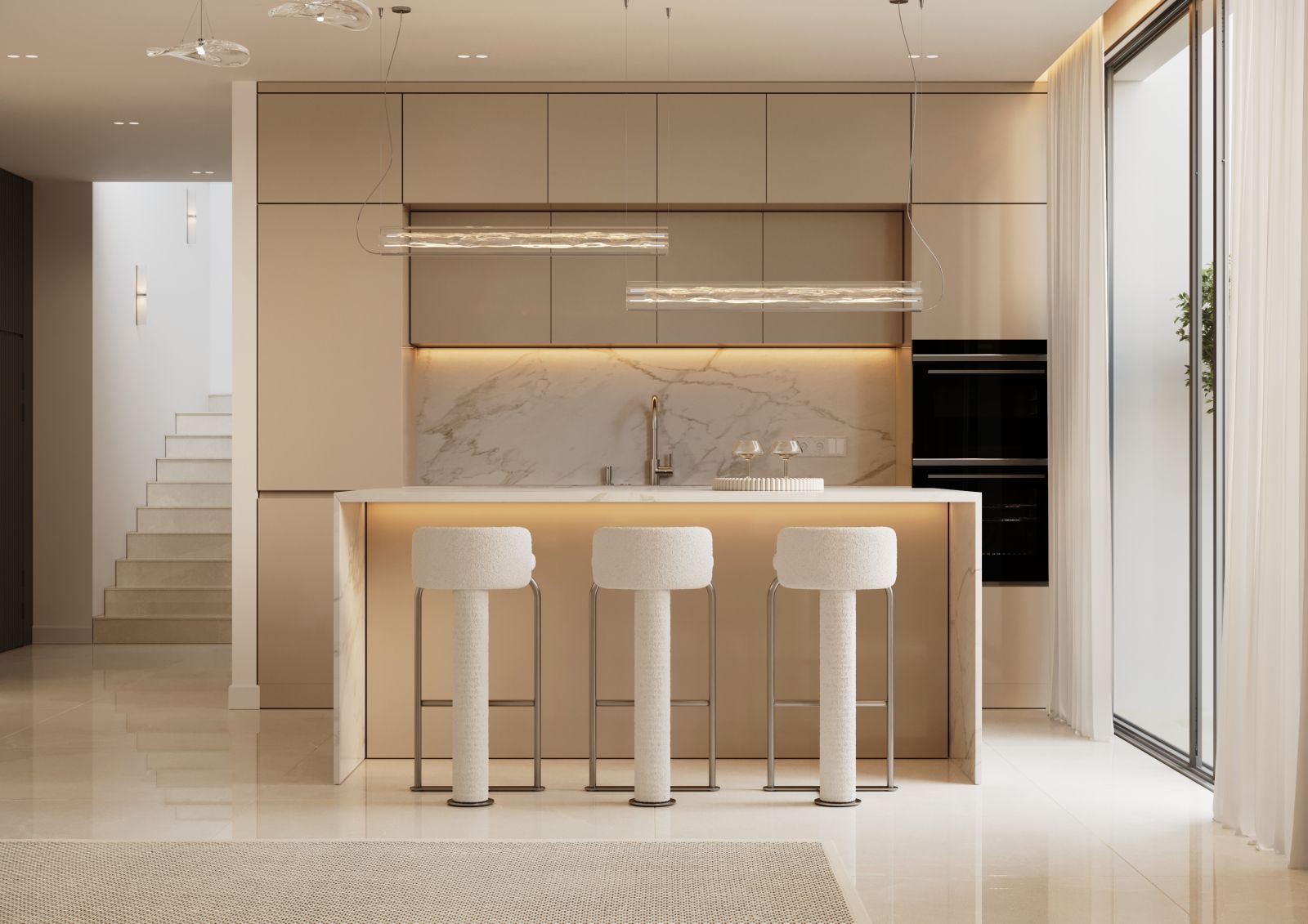 Nowoczesna kuchnia z wyspą, marmurowym backsplashiem i białymi stołkami barowymi